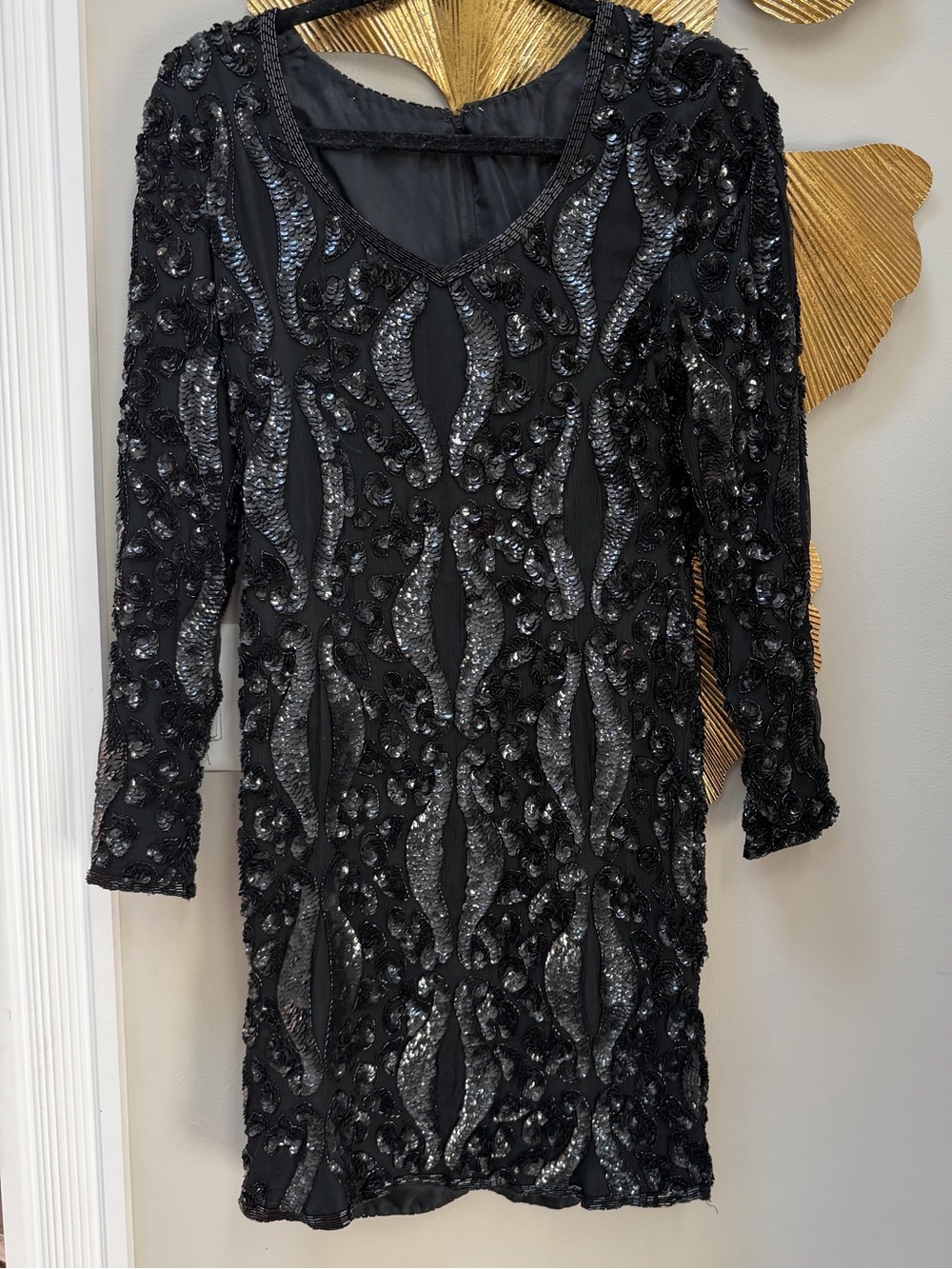 Vintage silk long sleeve black fully beaded dress gown cocktail party elegant